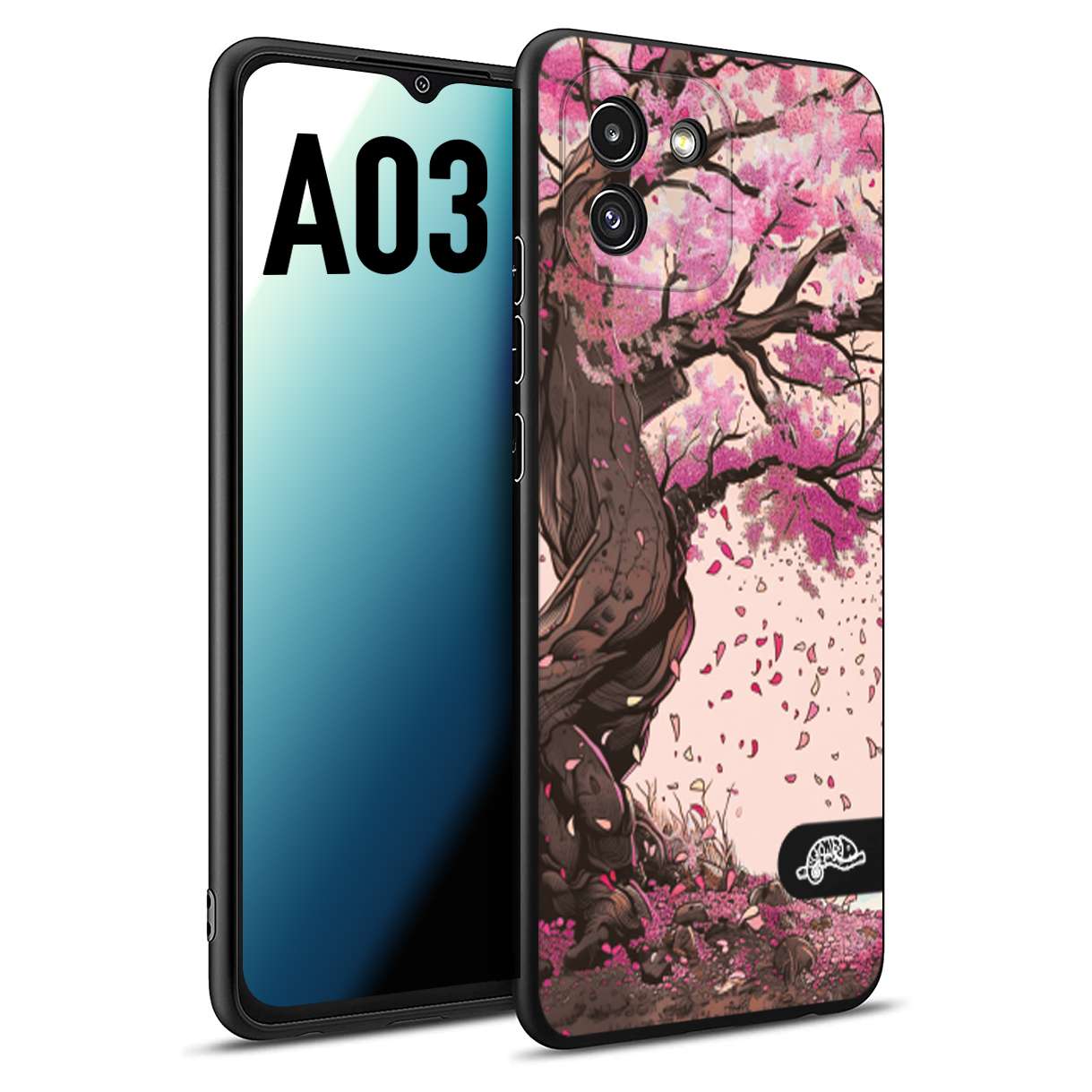 CUSTOMIZZA - Custodia cover nera morbida in tpu compatibile per Samsung A03 giapponese colori morbidi fiori di ciliegio rosa disegnata