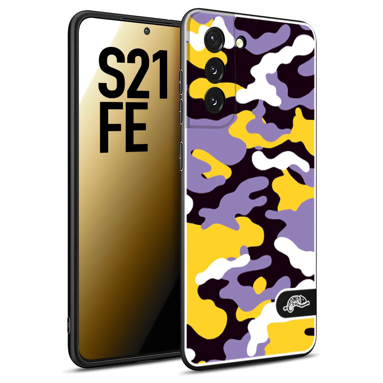 CUSTOMIZZA - Custodia cover nera morbida in tpu compatibile per Samsung S21 FE camouflage mimetico militare viola lilla giallo