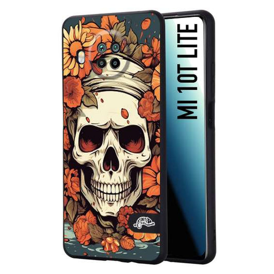 CUSTOMIZZA - Custodia cover nera morbida in tpu compatibile per Xiaomi Mi 10T LITE teschio skull flowers fiori tattoo disegnato alta definizione