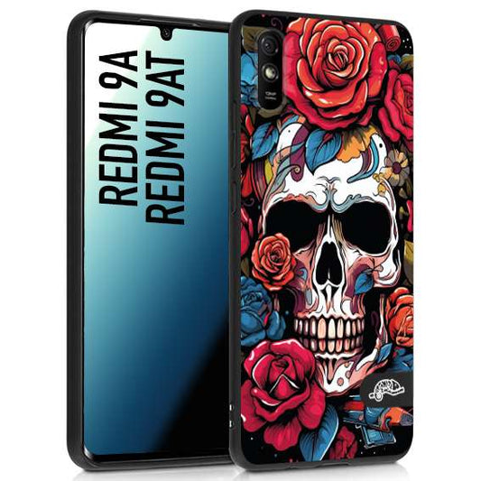 CUSTOMIZZA - Custodia cover nera morbida in tpu compatibile per Xiaomi Redmi 9A - 9AT teschio skull flowers fiori rose rosse tattoo disegnato