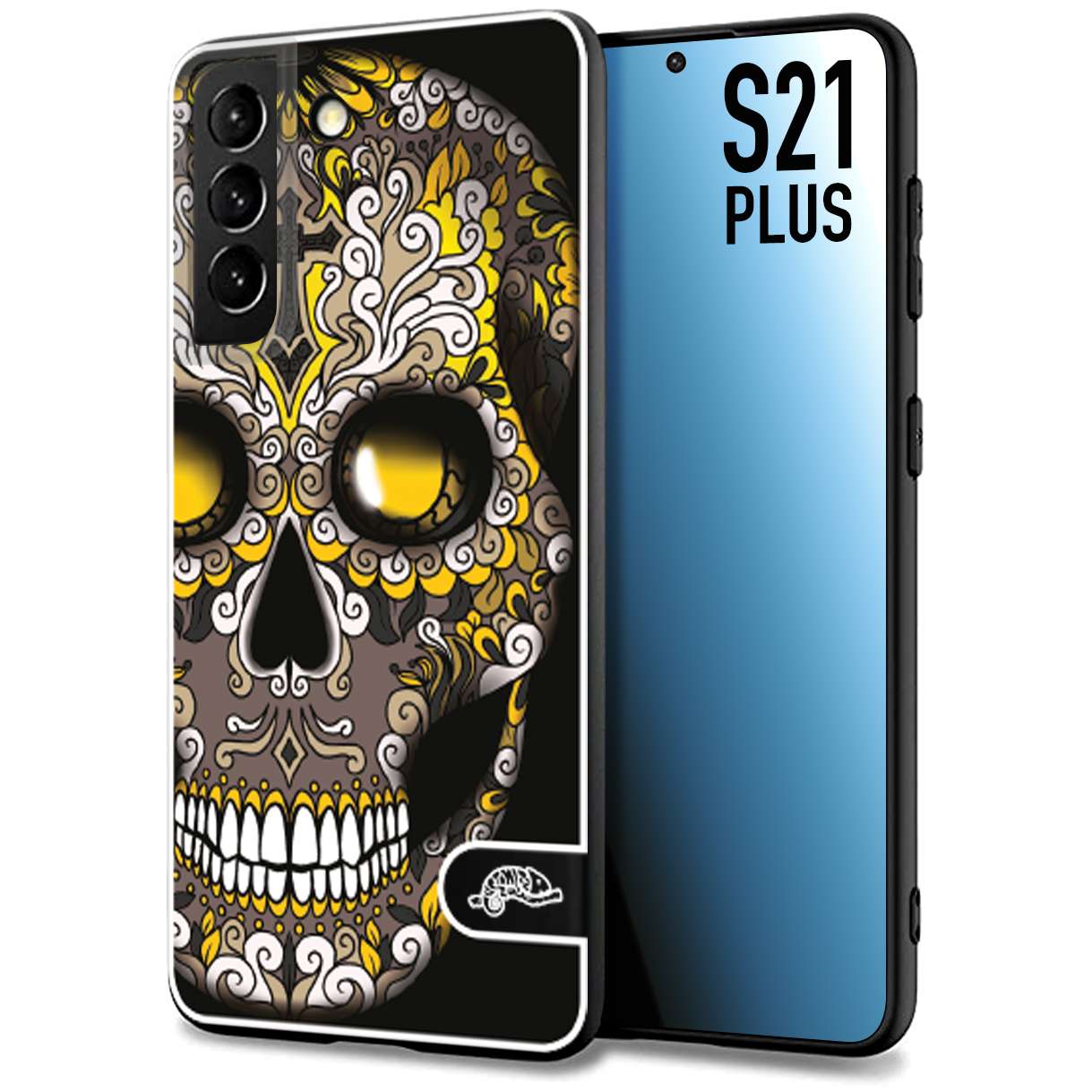 CUSTOMIZZA - Custodia cover nera morbida in tpu compatibile per Samsung S21 PLUS teschio messicano Mexican skull nero giallo