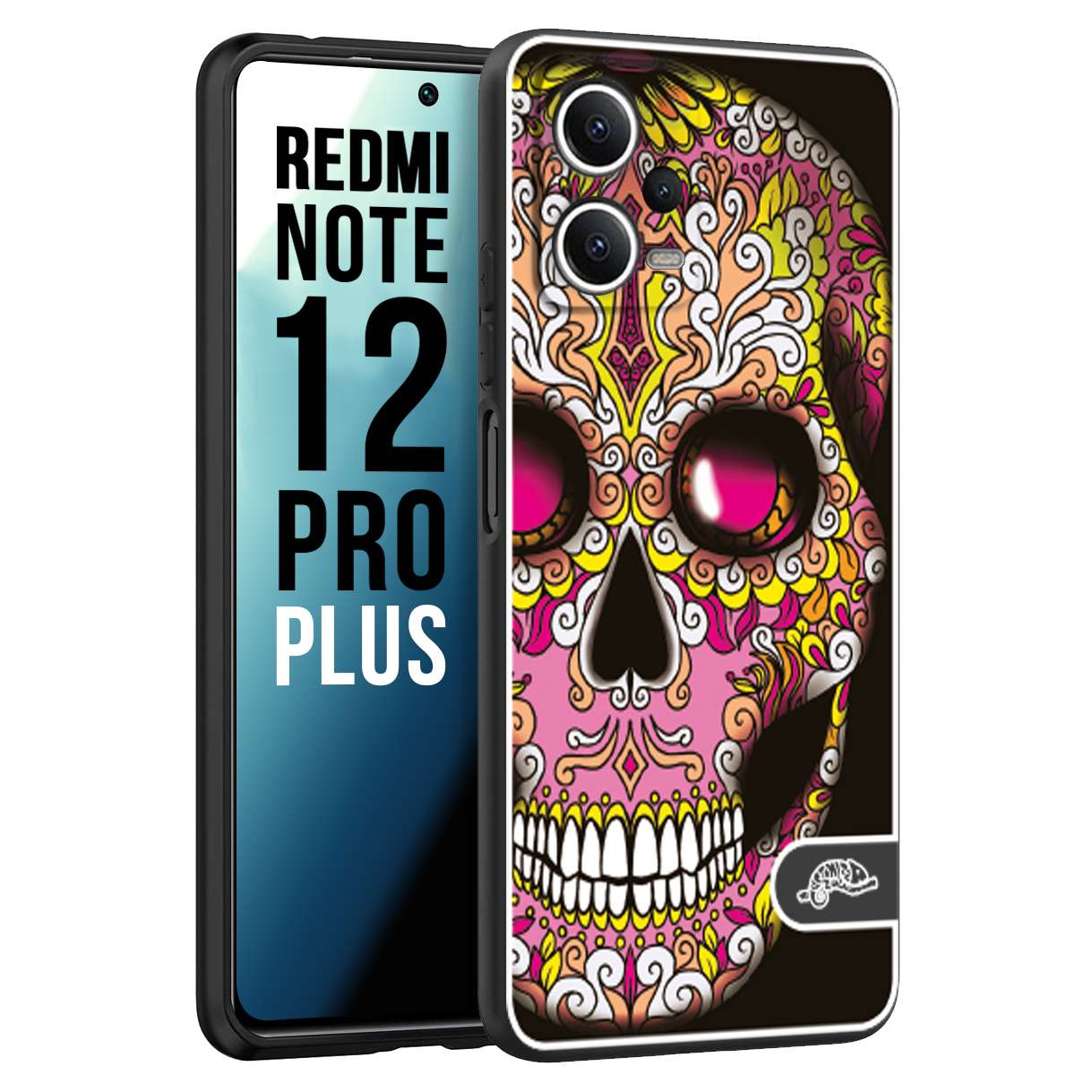 CUSTOMIZZA - Custodia cover nera morbida in tpu compatibile per Xiaomi Redmi Note 12 PRO PLUS teschio messicano Mexican skull rosa gialla