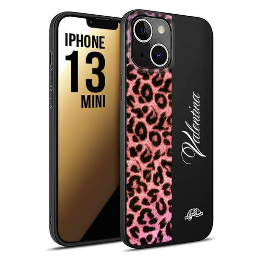 CUSTOMIZZA - Custodia cover nera morbida in tpu compatibile per iPhone 13 MINI leopardato rosa fucsia personalizzata nome iniziali