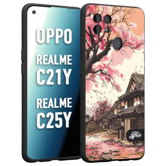 CUSTOMIZZA - Custodia cover nera morbida in tpu compatibile per Oppo Realme C21Y - C25Y casa giapponese rosa ciliegio in fiore disegnata tattoo