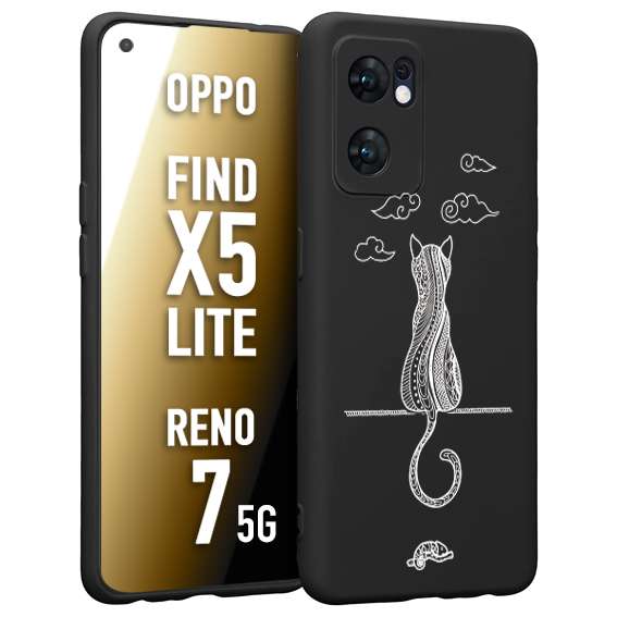 CUSTOMIZZA - Custodia cover nera morbida in tpu compatibile per Oppo Reno 7 - Find X5 LITE gatto mandala stilizzato gattino a rilievo soft touch donna bianca