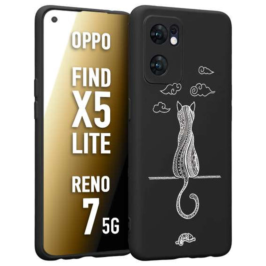 CUSTOMIZZA - Custodia cover nera morbida in tpu compatibile per Oppo Reno 7 - Find X5 LITE gatto mandala stilizzato gattino a rilievo soft touch donna bianca