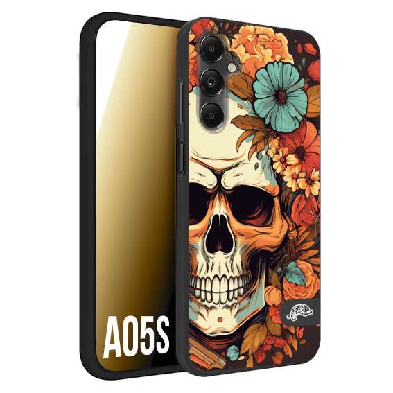 CUSTOMIZZA - Custodia cover nera morbida in tpu compatibile per Samsung A05S teschio skull flowers fiori autunnali arancio celeste tattoo