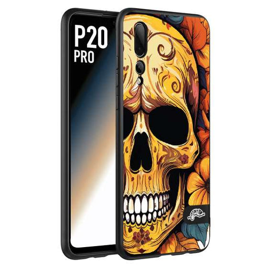 CUSTOMIZZA - Custodia cover nera morbida in tpu compatibile per Huawei P20 PRO teschio messicano colorato dorato fiori autunnali disegnato