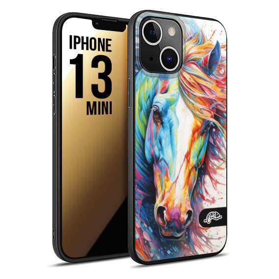 CUSTOMIZZA - Custodia cover nera morbida in tpu compatibile per iPhone 13 MINI animali color cavallo horse viso colori vibranti disegnato schizzo