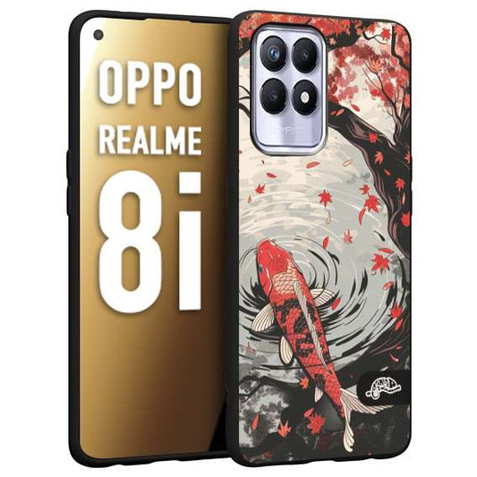 CUSTOMIZZA - Custodia cover nera morbida in tpu compatibile per Oppo Realme 8i giapponese lago carpa koi rossa con foglie d'acero rosso disegnata tattoo