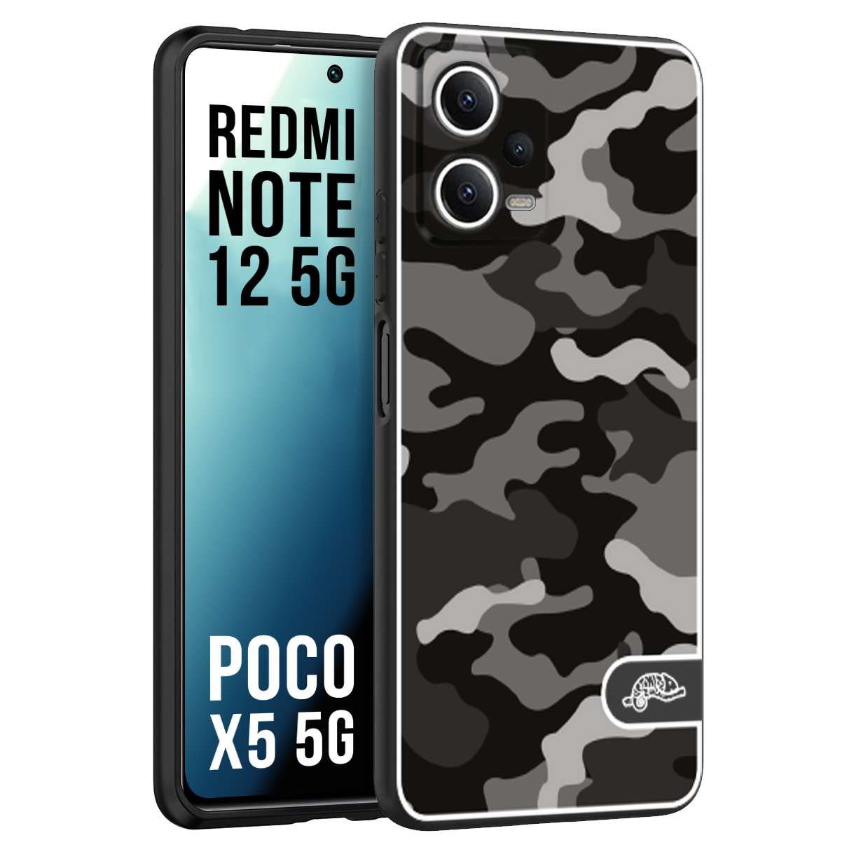 CUSTOMIZZA - Custodia cover nera morbida in tpu compatibile per Xiaomi Redmi Note 12 - POCO X5 5G camouflage mimetico militare nero black grigio