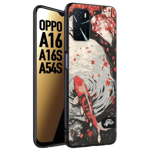 CUSTOMIZZA - Custodia cover nera morbida in tpu compatibile per Oppo A16 - A16S - A54S giapponese lago carpa koi rossa con foglie d'acero rosso disegnata tattoo