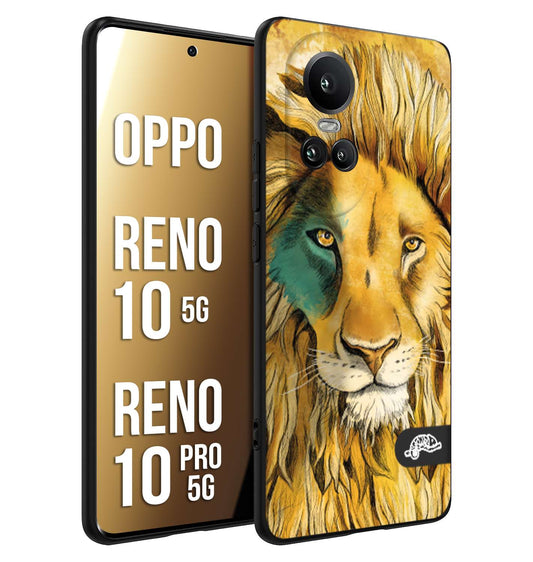 CUSTOMIZZA - Custodia cover nera morbida in tpu compatibile per Oppo Reno 10 5G - 10 PRO 5G leone lion disegnato a mano giallo blu a rilievo artistico brown