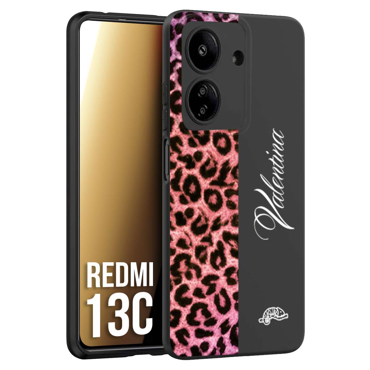 CUSTOMIZZA - Custodia cover nera morbida in tpu compatibile per Xiaomi Redmi 13C leopardato rosa fucsia personalizzata nome iniziali