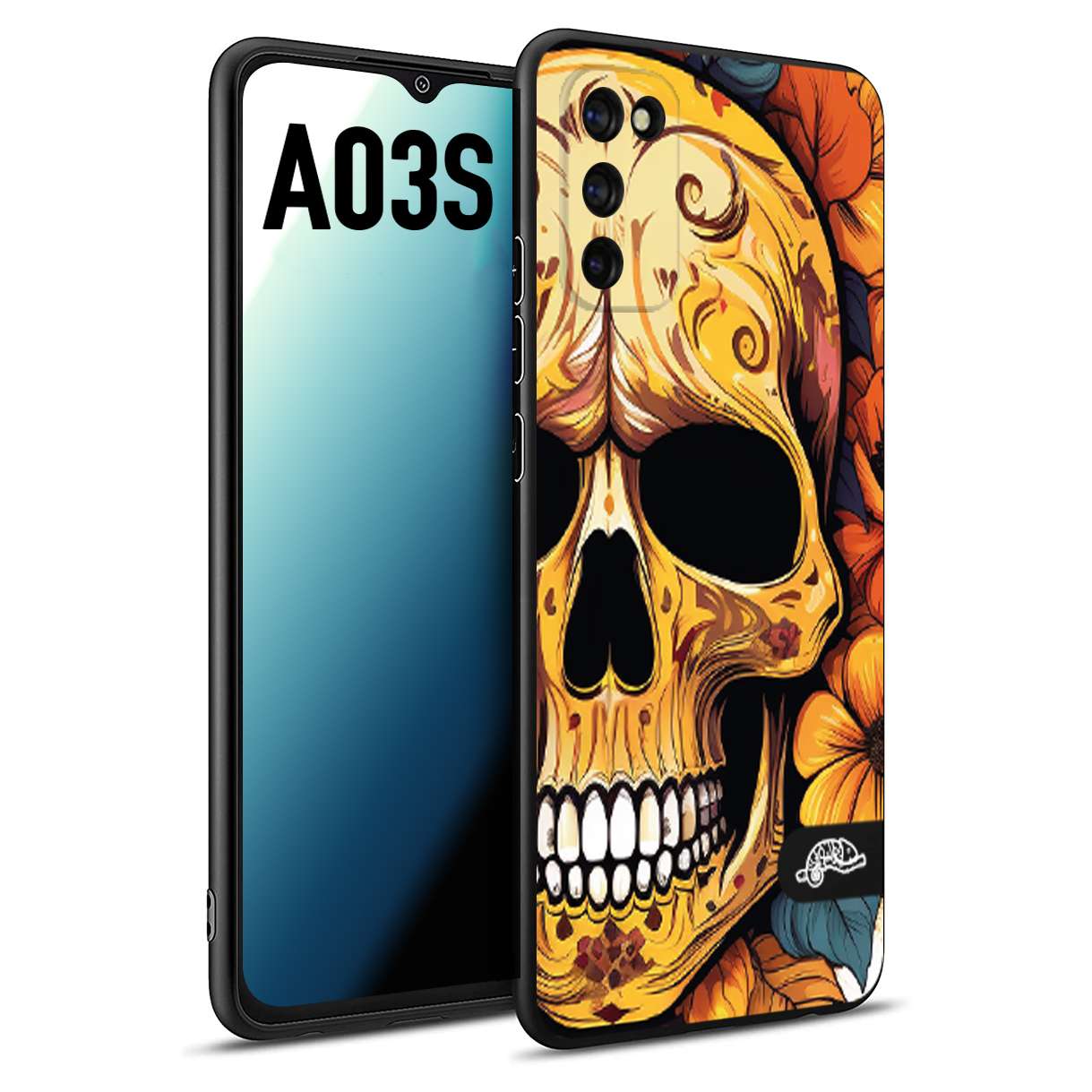 CUSTOMIZZA - Custodia cover nera morbida in tpu compatibile per Samsung A03S teschio messicano colorato dorato fiori autunnali disegnato