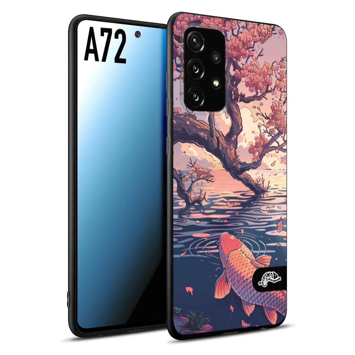 CUSTOMIZZA - Custodia cover nera morbida in tpu compatibile per Samsung A72 giapponese lago carpa koi rosa con foglie d'acero disegnata tattoo