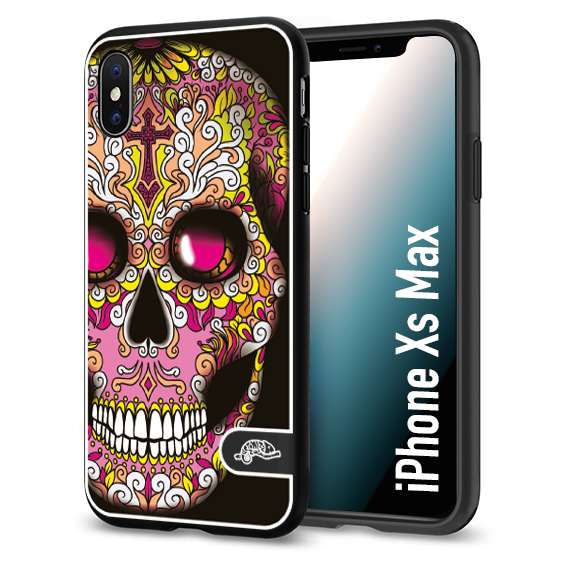 CUSTOMIZZA - Custodia cover nera morbida in tpu compatibile per iPhone Xs Max teschio messicano Mexican skull rosa gialla