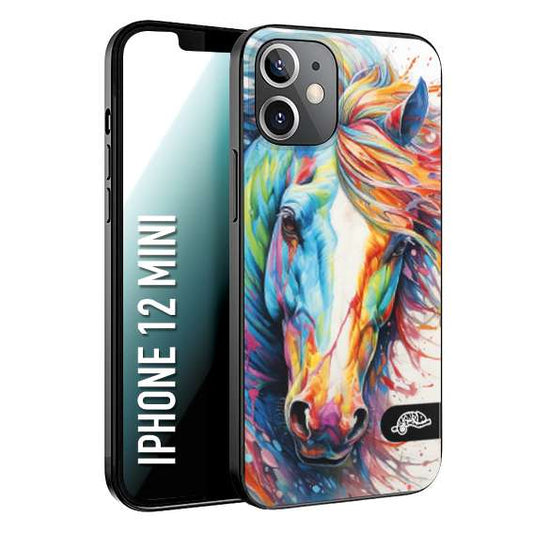 CUSTOMIZZA - Custodia cover nera morbida in tpu compatibile per iPhone 12 MINI animali color cavallo horse viso colori vibranti disegnato schizzo