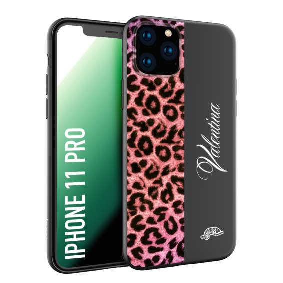 CUSTOMIZZA - Custodia cover nera morbida in tpu compatibile per iPhone 11 PRO leopardato rosa fucsia personalizzata nome iniziali