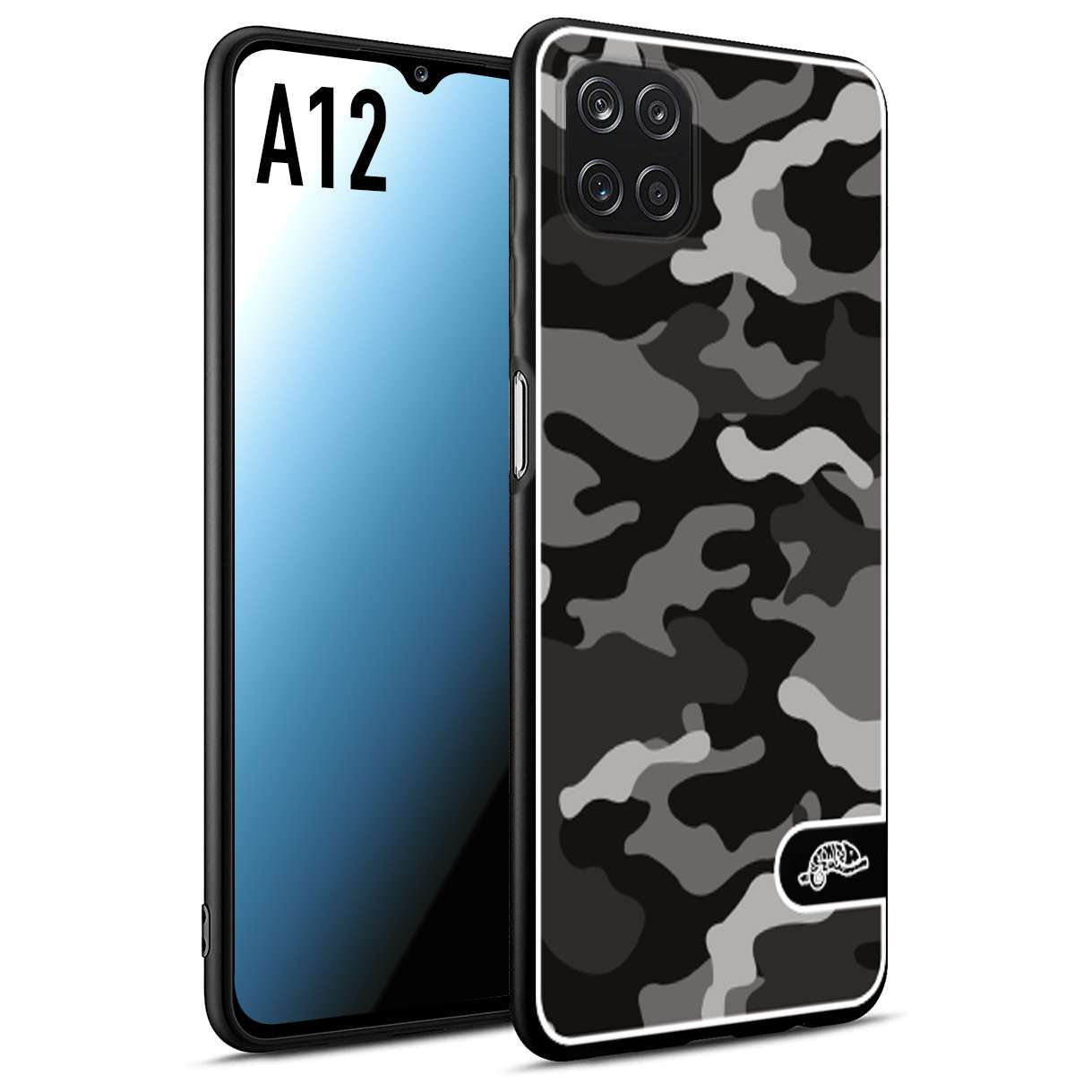 CUSTOMIZZA - Custodia cover nera morbida in tpu compatibile per Samsung A12 camouflage mimetico militare nero black grigio