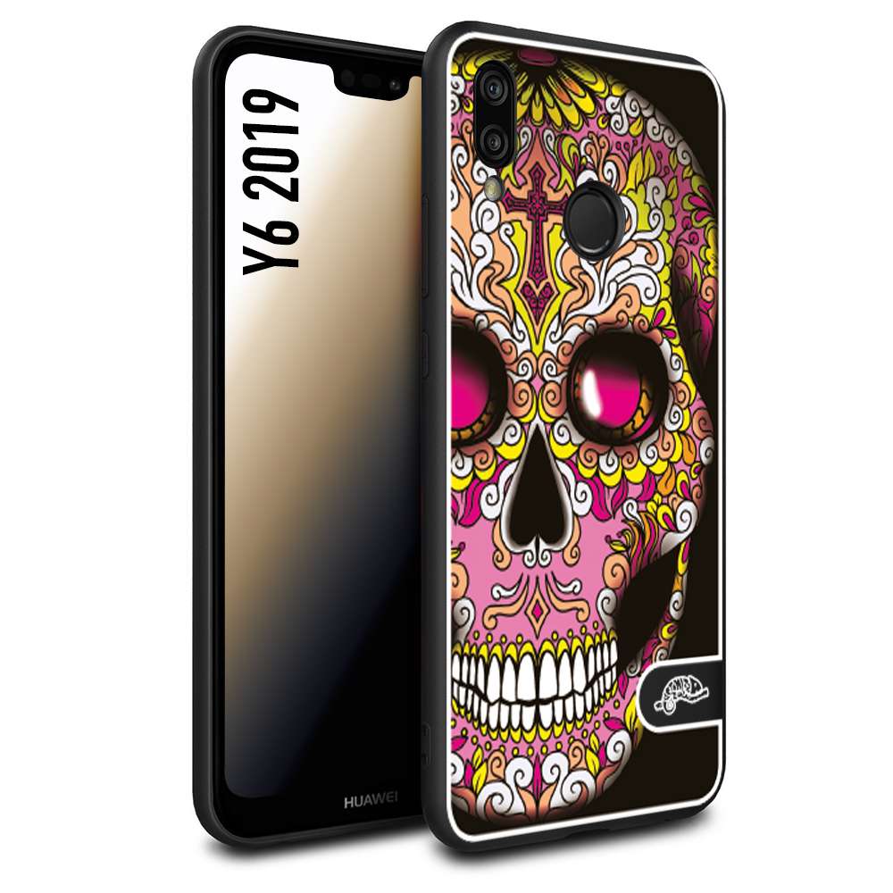 CUSTOMIZZA - Custodia cover nera morbida in tpu compatibile per Huawei Y6 2019 teschio messicano Mexican skull rosa gialla