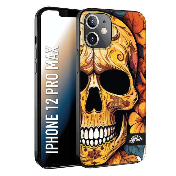 CUSTOMIZZA - Custodia cover nera morbida in tpu compatibile per iPhone 12 PRO MAX teschio messicano colorato dorato fiori autunnali disegnato