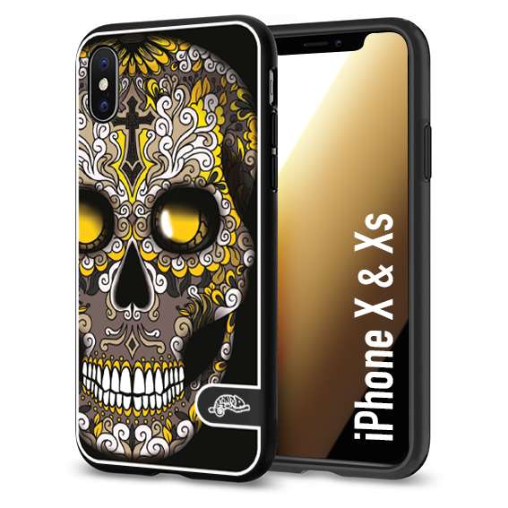 CUSTOMIZZA - Custodia cover nera morbida in tpu compatibile per iPhone X - Xs teschio messicano Mexican skull nero giallo