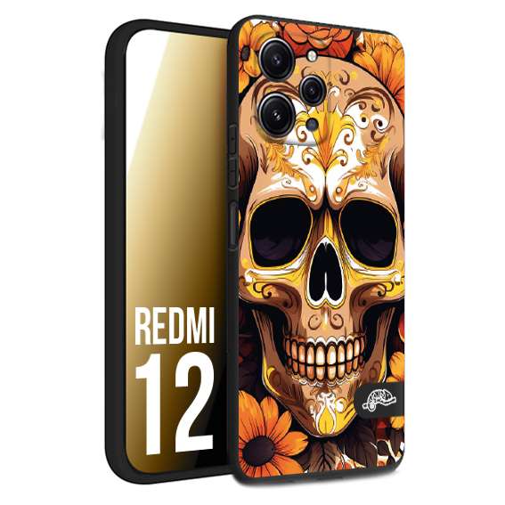 CUSTOMIZZA - Custodia cover nera morbida in tpu compatibile per Xiaomi Redmi 12 teschio messicano colorato dorato fiori tattoo disegnato