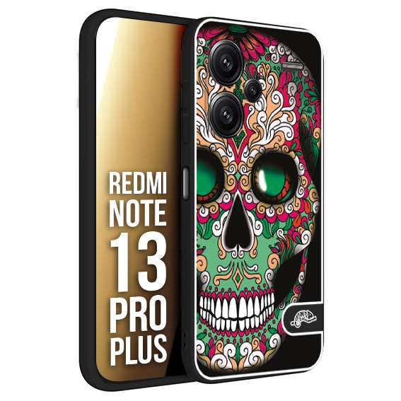 CUSTOMIZZA - Custodia cover nera morbida in tpu compatibile per Xiaomi Redmi Note 13 PRO PLUS teschio messicano Mexican skull verde fucsia