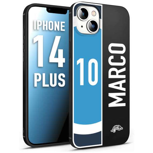 CUSTOMIZZA - Custodia cover nera morbida in tpu compatibile per iPhone 14 PLUS personalizzata calcio football nome e numero calciatori biancoazzurri bianco celesti