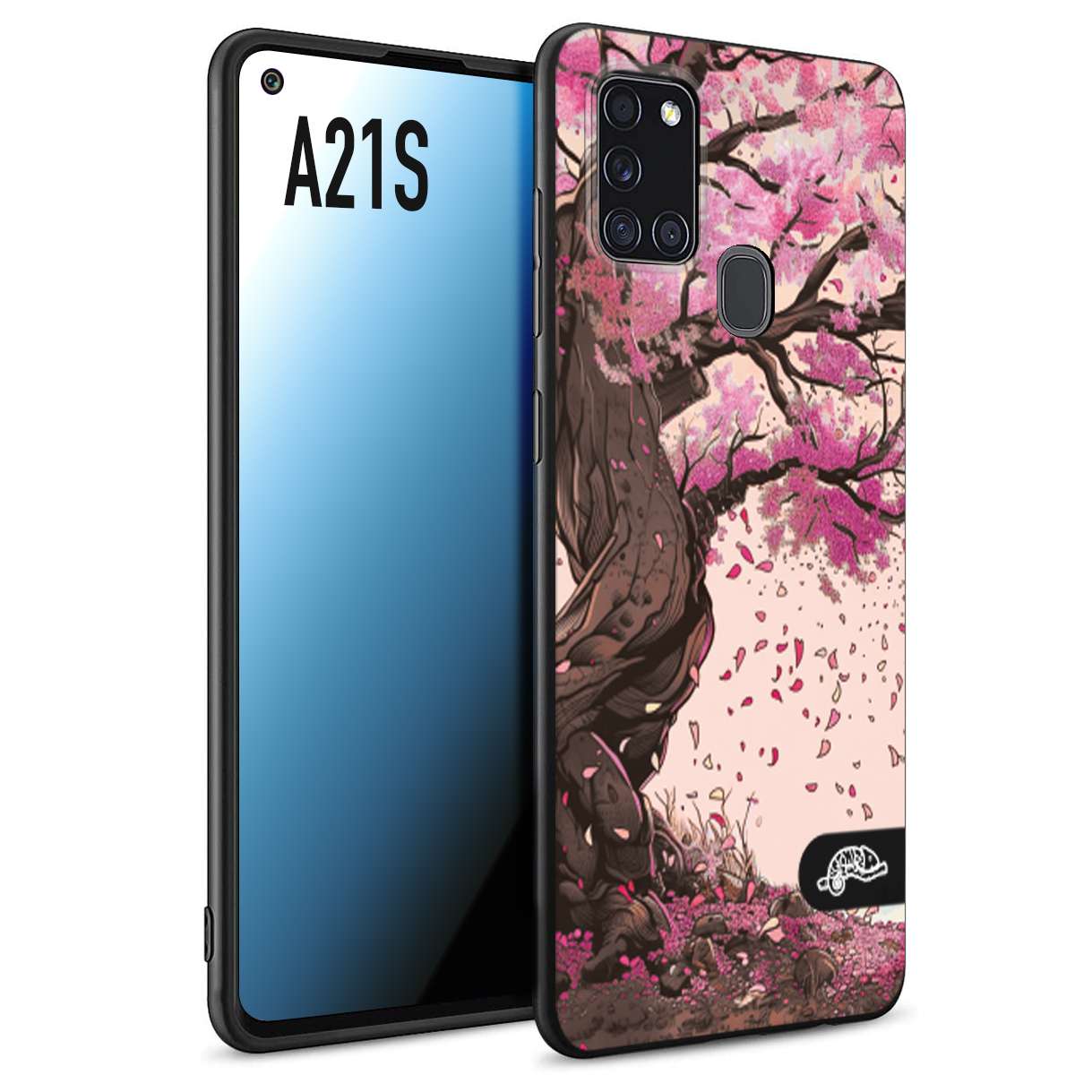 CUSTOMIZZA - Custodia cover nera morbida in tpu compatibile per Samsung A21S giapponese colori morbidi fiori di ciliegio rosa disegnata