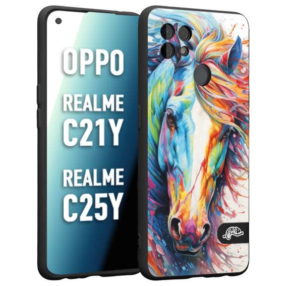 CUSTOMIZZA - Custodia cover nera morbida in tpu compatibile per Oppo Realme C21Y - C25Y animali color cavallo horse viso colori vibranti disegnato schizzo