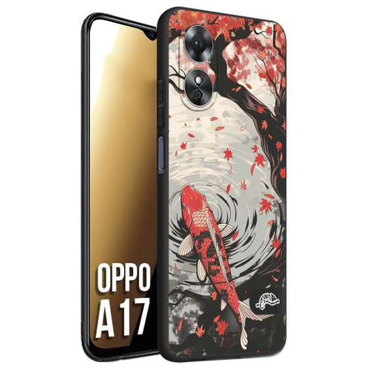 CUSTOMIZZA - Custodia cover nera morbida in tpu compatibile per Oppo A17 giapponese lago carpa koi rossa con foglie d'acero rosso disegnata tattoo