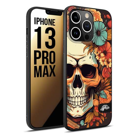 CUSTOMIZZA - Custodia cover nera morbida in tpu compatibile per iPhone 13 PRO MAX teschio skull flowers fiori autunnali arancio celeste tattoo