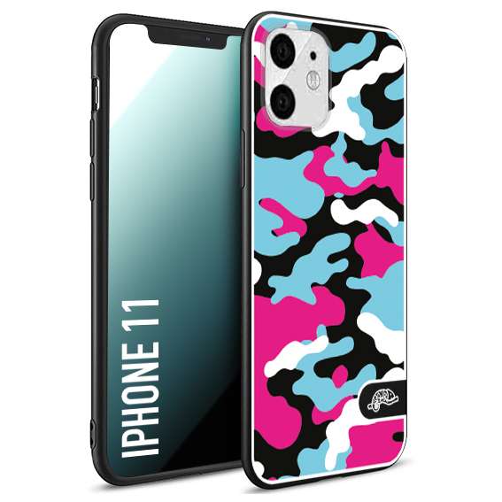 CUSTOMIZZA - Custodia cover nera morbida in tpu compatibile per iPhone 11 camouflage mimetico militare fucsia celeste