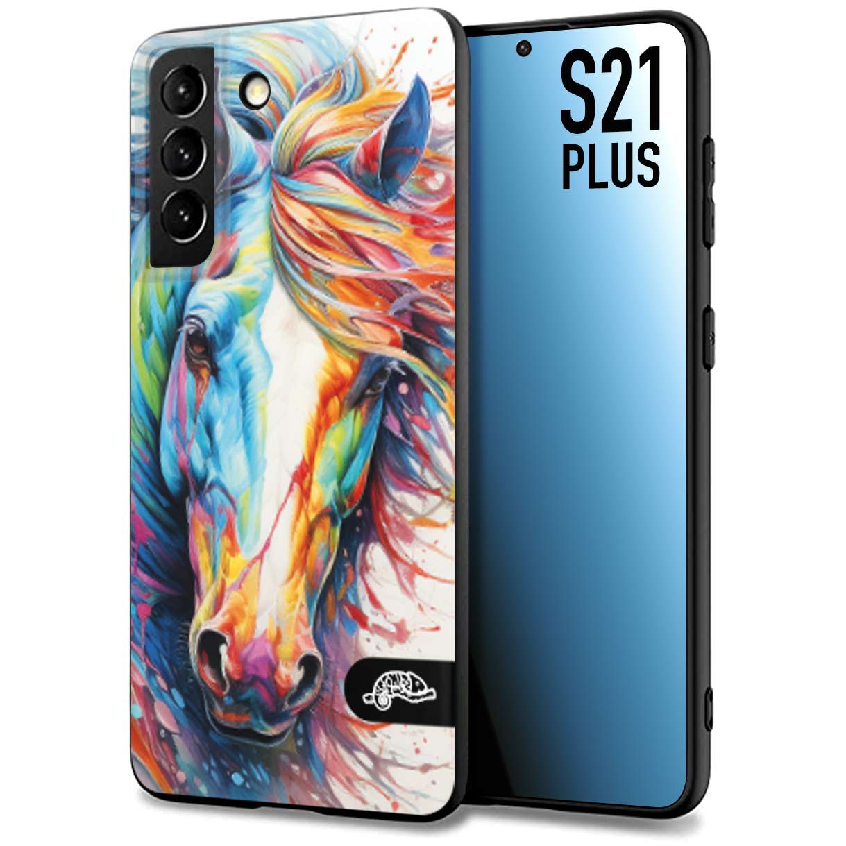 CUSTOMIZZA - Custodia cover nera morbida in tpu compatibile per Samsung S21 PLUS animali color cavallo horse viso colori vibranti disegnato schizzo