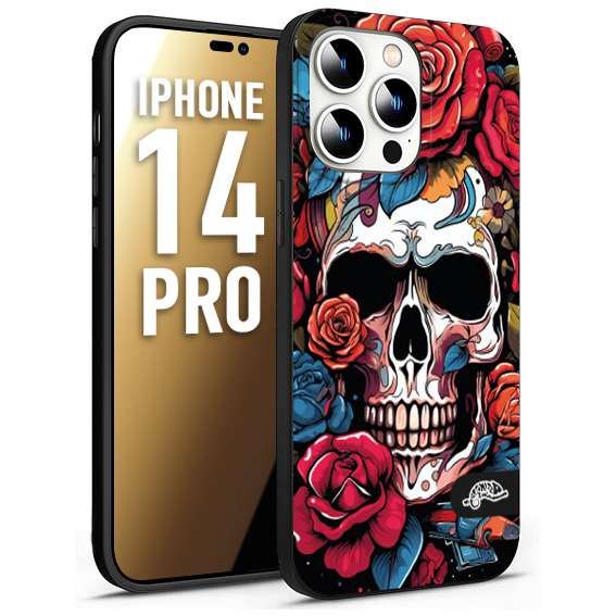 CUSTOMIZZA - Custodia cover nera morbida in tpu compatibile per iPhone 14 PRO teschio skull flowers fiori rose rosse tattoo disegnato