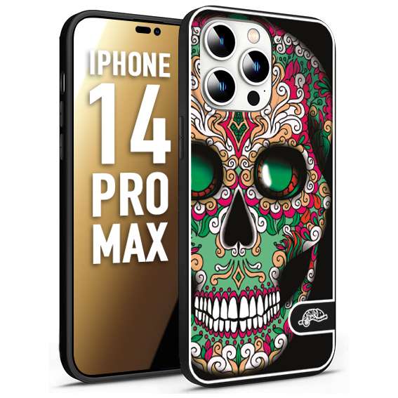 CUSTOMIZZA - Custodia cover nera morbida in tpu compatibile per iPhone 14 PRO MAX teschio messicano Mexican skull verde fucsia