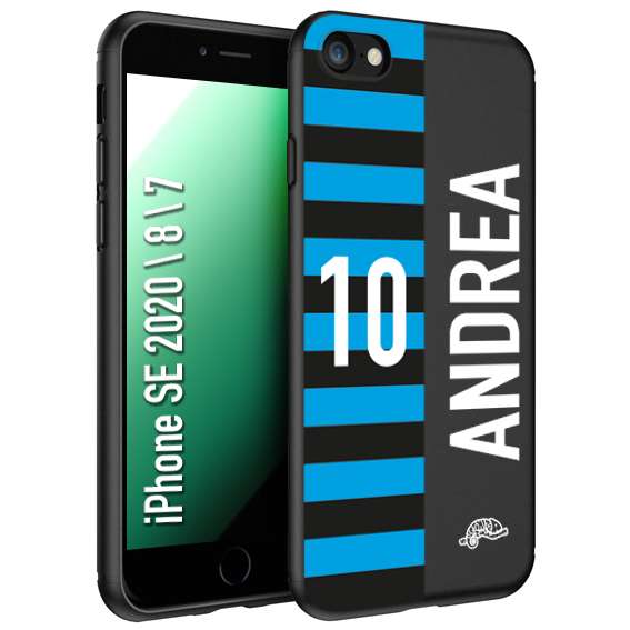 CUSTOMIZZA - Custodia cover nera morbida in tpu compatibile per iPhone 7 - 8 - SE 2020 / 2022 personalizzata calcio football nome e numero calciatori nerazzurra