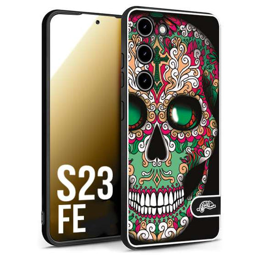 CUSTOMIZZA - Custodia cover nera morbida in tpu compatibile per Samsung S23 FE teschio messicano Mexican skull verde fucsia