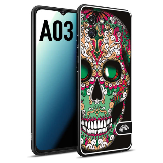 CUSTOMIZZA - Custodia cover nera morbida in tpu compatibile per Samsung A03 teschio messicano Mexican skull verde fucsia