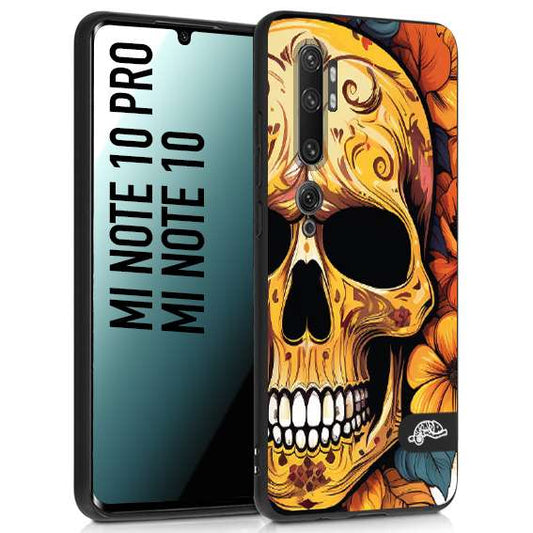 CUSTOMIZZA - Custodia cover nera morbida in tpu compatibile per Xiaomi Mi Note 10 - Mi Note 10 Pro teschio messicano colorato dorato fiori autunnali disegnato