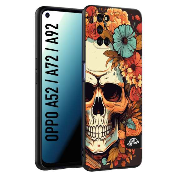 CUSTOMIZZA - Custodia cover nera morbida in tpu compatibile per Oppo A52 - A72 - A92 teschio skull flowers fiori autunnali arancio celeste tattoo