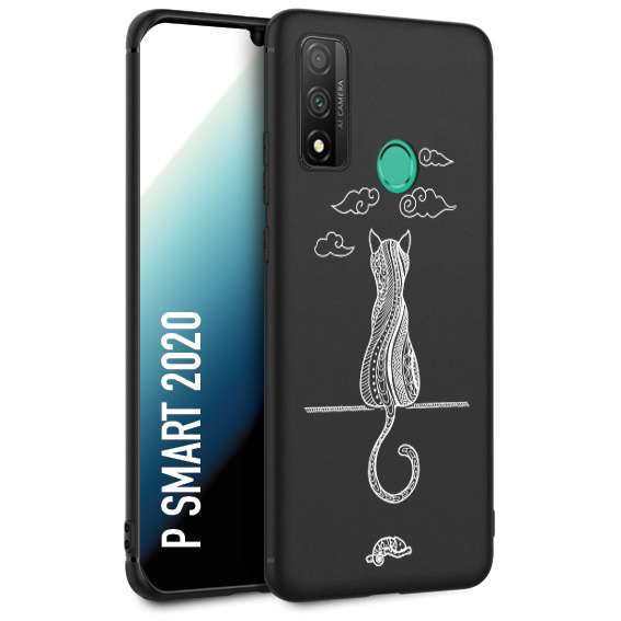 CUSTOMIZZA - Custodia cover nera morbida in tpu compatibile per Huawei P Smart 2020 gatto mandala stilizzato gattino a rilievo soft touch donna bianca