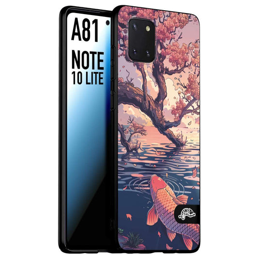 CUSTOMIZZA - Custodia cover nera morbida in tpu compatibile per Samsung A81 - Note 10 Lite giapponese lago carpa koi rosa con foglie d'acero disegnata tattoo