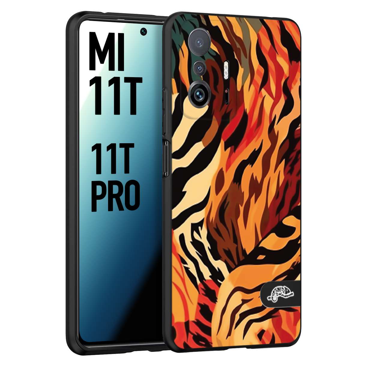 CUSTOMIZZA - Custodia cover nera morbida in tpu compatibile per Xiaomi Mi 11T - Mi 11T PRO leopardato maculato tigrato tiger colorata gialla rossa arancio