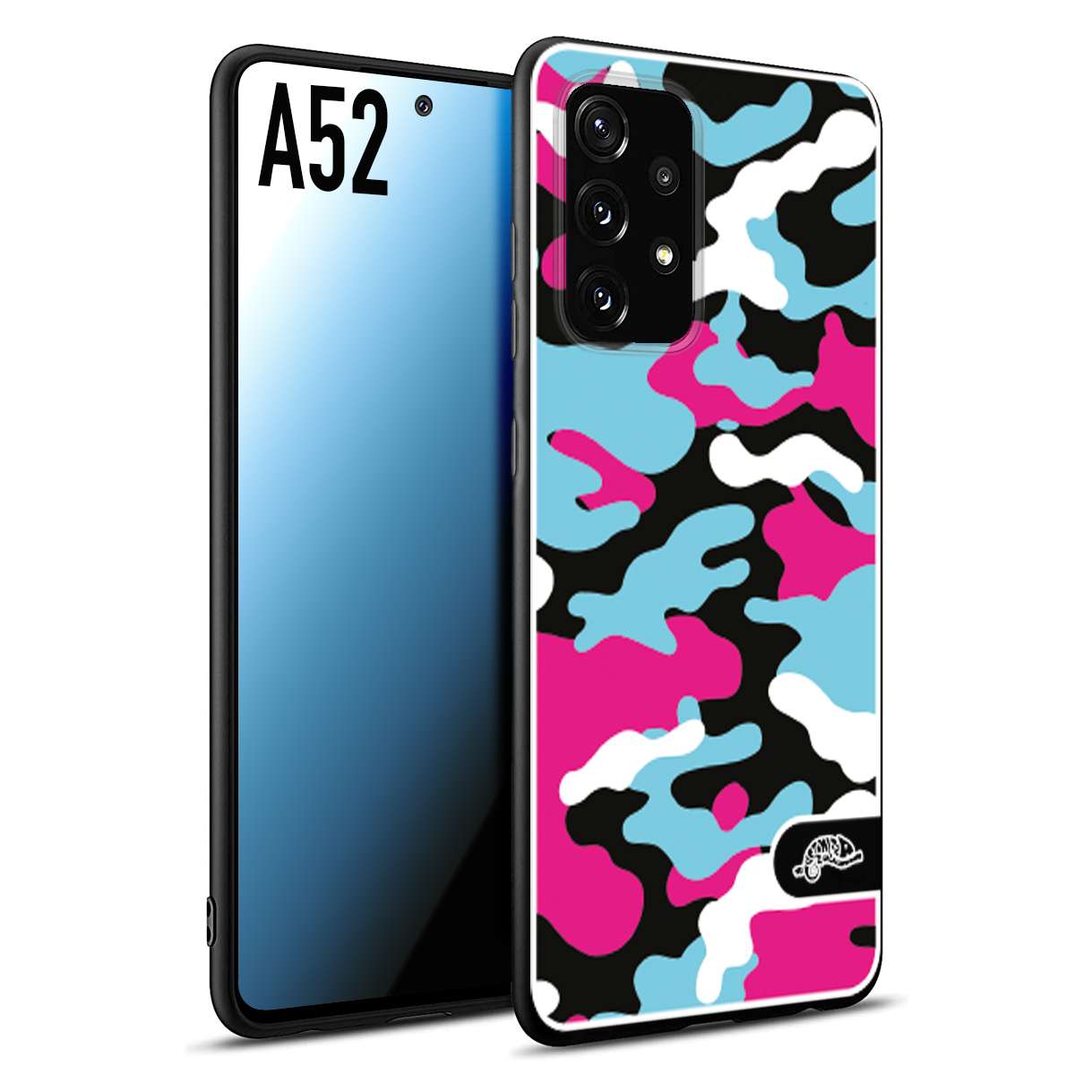 CUSTOMIZZA - Custodia cover nera morbida in tpu compatibile per Samsung A52 camouflage mimetico militare fucsia celeste