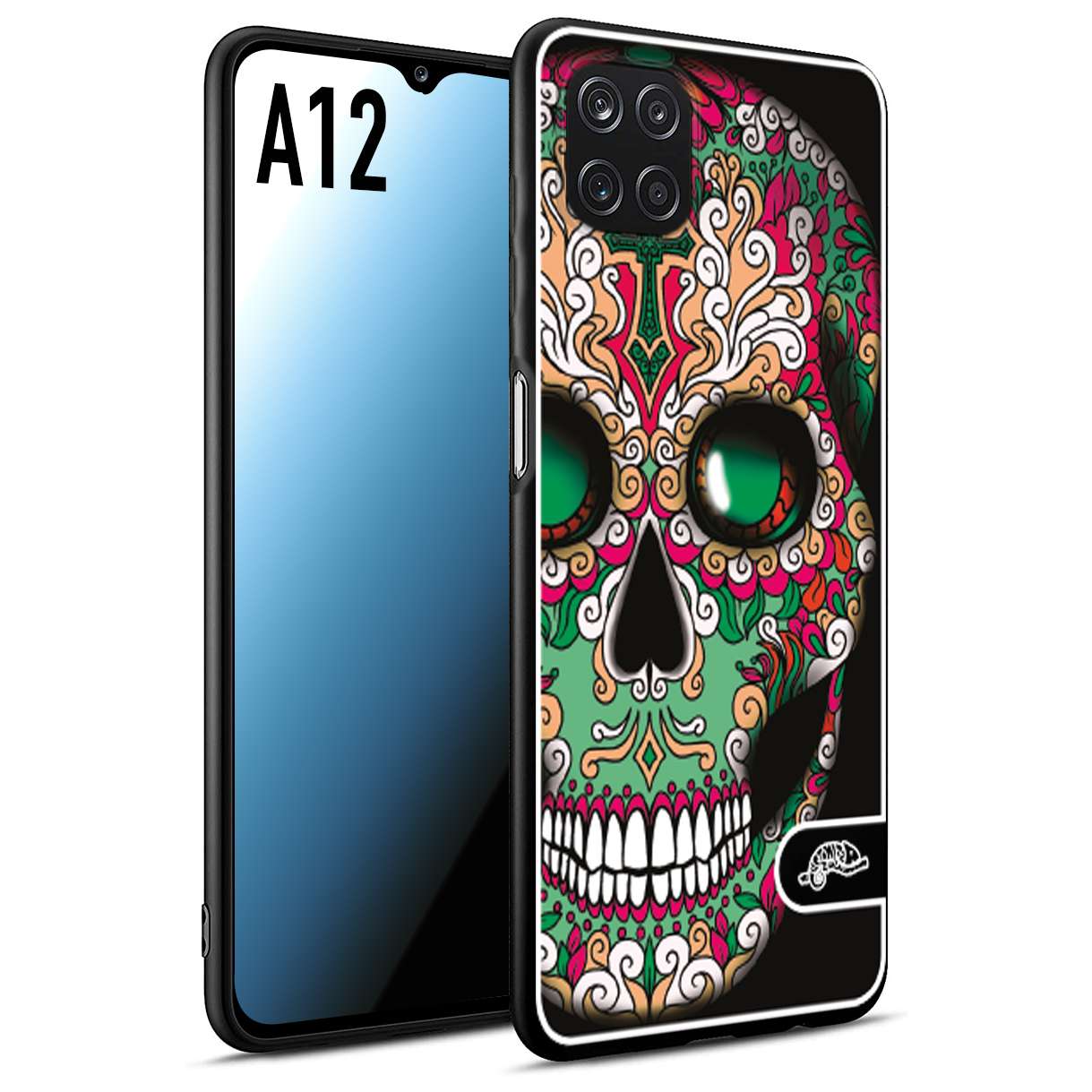 CUSTOMIZZA - Custodia cover nera morbida in tpu compatibile per Samsung A12 teschio messicano Mexican skull verde fucsia