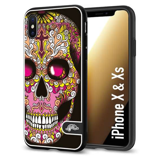 CUSTOMIZZA - Custodia cover nera morbida in tpu compatibile per iPhone X - Xs teschio messicano Mexican skull rosa gialla