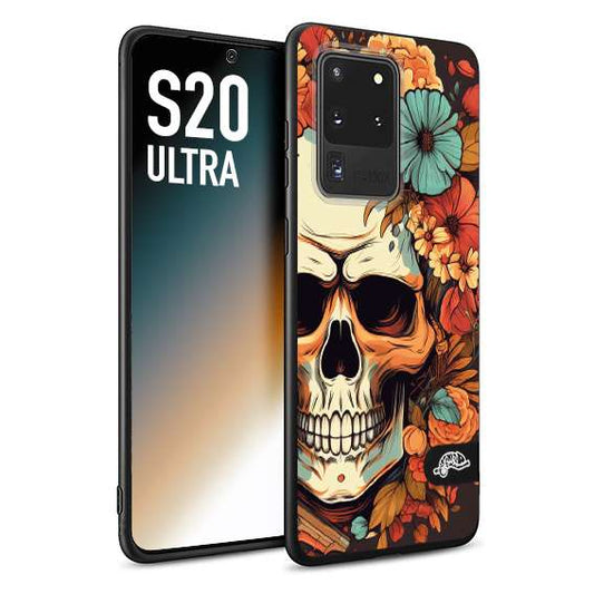 CUSTOMIZZA - Custodia cover nera morbida in tpu compatibile per Samsung S20 ULTRA teschio skull flowers fiori autunnali arancio celeste tattoo